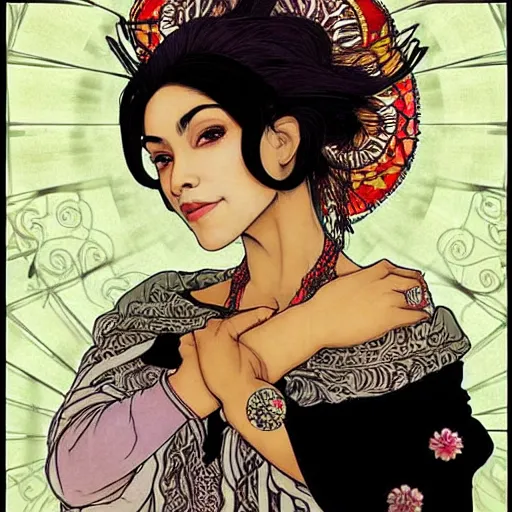 Image similar to Beautiful illustration of a Mexican woman of 40 years old, with curly black and silver hair, the woman has beautiful black eyes, her skin is light brown, she is dressed in shaman clothes, in the style of yoshitaka amano and alfons mucha