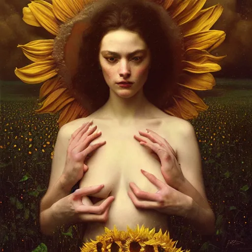 Image similar to highly detailed oil painting | very intricate | cinematic lighting | award - winning | the sunflower field | by roberto ferri, by tom bagshaw, by j. c. leyendecker and klimt, beautiful cinematic light, american romanticism, by austin osman spare, artstation, cgsociety, official art, octane