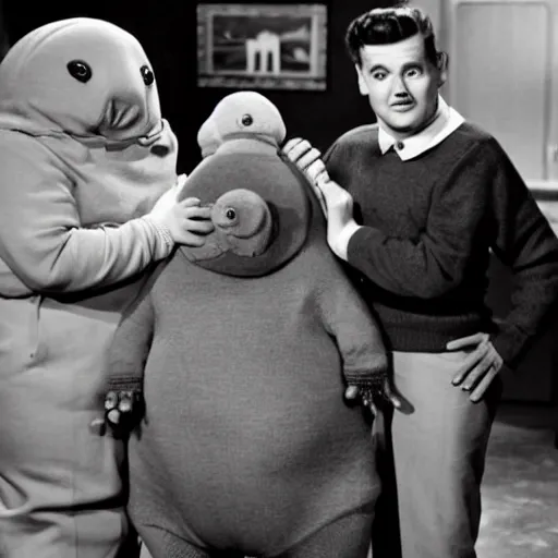 Image similar to 5 0 s family sitcom about giant tardigrades wearing clothes. no actual humans are on the show