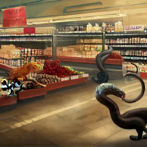 Image similar to digital painting of a super market grocery shopping elegant but deadly anthropomorphic cats with snake featured hybrid, by Greg Rutkowski, magic the gathering concept art, trending on artstation, 4k resolution, ((in a super market Costco))