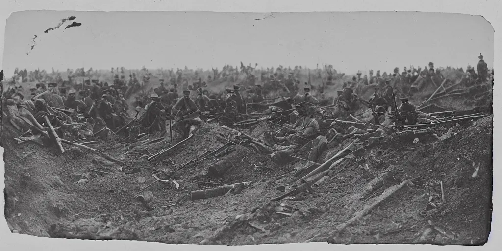 Prompt: american civil war trench battle, shots fired, gatling gun, puffs of smoke, many visible trenches, aerial view, 1865 tintype photograph