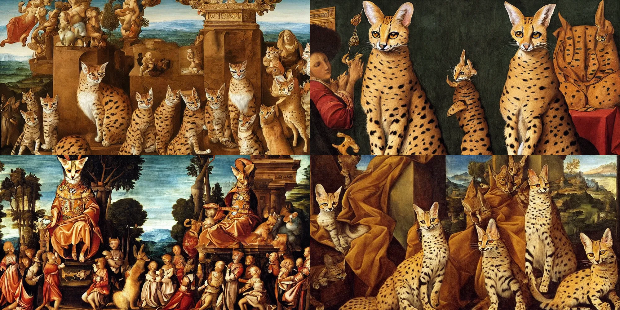 Prompt: renaissance painting of a serval cat as a monarch sitting upon a grand throne, surrounded by their subjects, depiction of society, regal feline, serval cat, painting by leonardo davinci