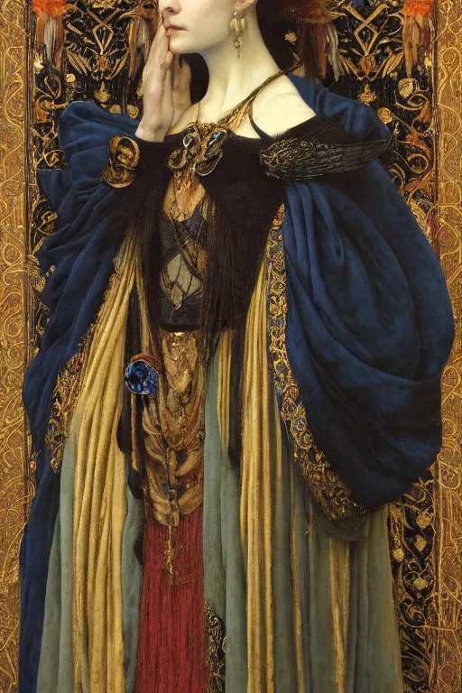 Image similar to portrait of the queen of crows, by Donato Giancola and John Bauer and John William Godward and Vermeer, embroidered velvet, iridescent beetles, rich color, ornate headdress, flowing robes, lost runes, ancient civilizations,featured on Artstation, cgisociety, unreal engine, extremely detailed