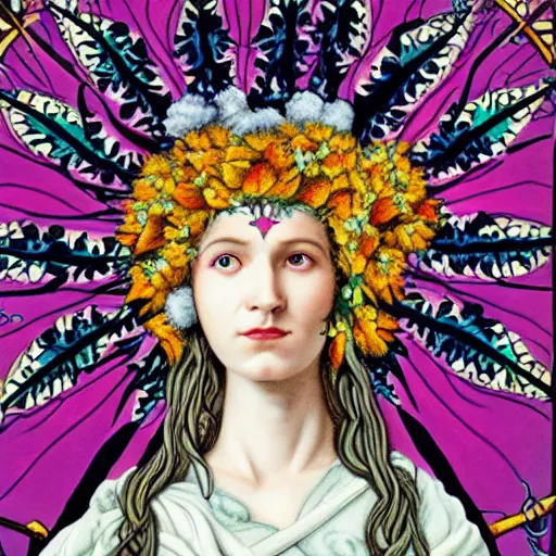 Prompt: Midsommar cloud queen in the style of Evelyn De Morgan