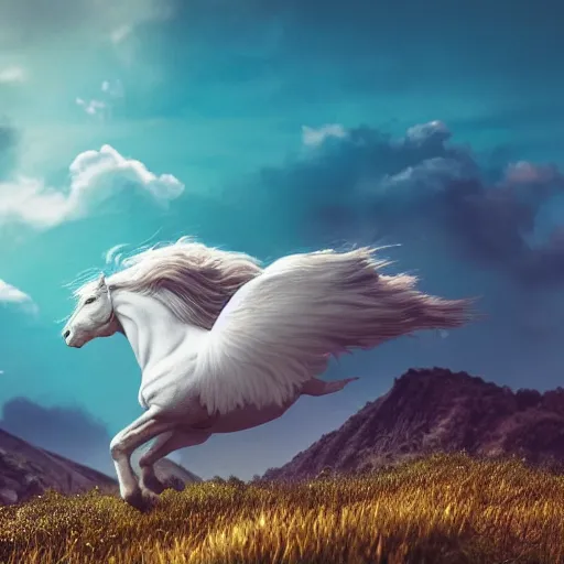Prompt: a pegasus sleeping on a cloud, beautiful fantasy cloud landscape, blue sky, depth of field, volumentric lighting, octane, rule of thirds, 8 k, 3 5 mm photography, vivid colors, gorgeous