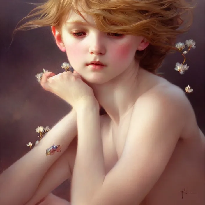 Prompt: pure innocence, diffuse lighting, fantasy, intricate, elegant, highly detailed, lifelike, photorealistic, digital painting, artstation, illustration, concept art, smooth, sharp focus, art by John Collier and Albert Aublet and Krenz Cushart and Artem Demura and Alphonse Mucha