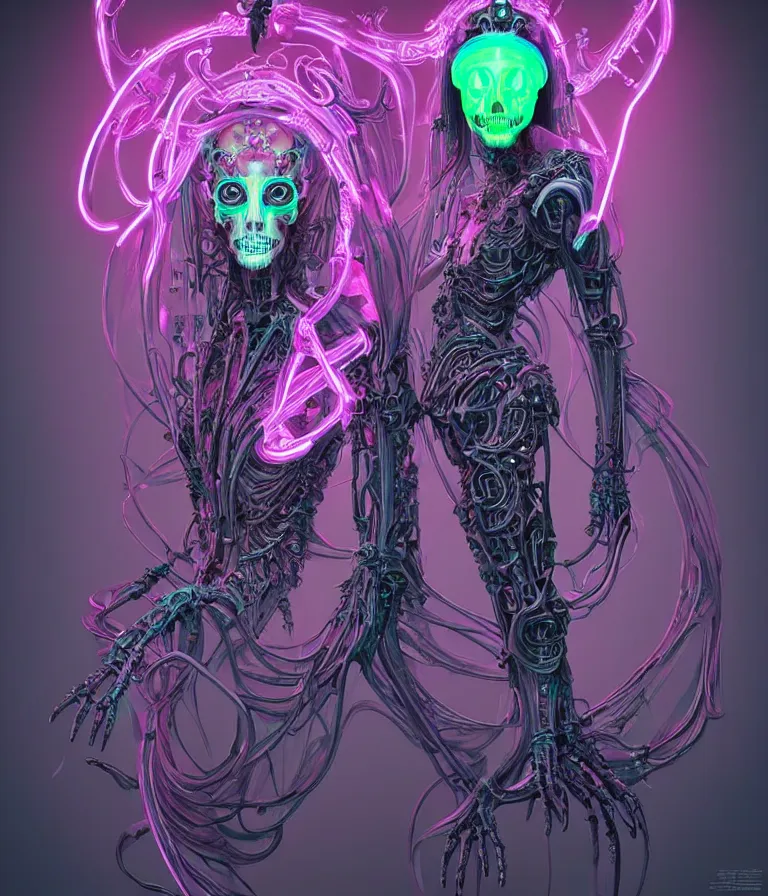 Image similar to fully symmetrical centered iridescent portrait of a beautiful princess demon in robe. skulls artificial muscles, ribcage, bones, hard surface modelling. cyberpunk look. biomechanical mask. bio luminescent biomechanical halo around head. neon jellyfish. artwork by jarold Sng by artgerm, by Eddie Mendoza, by Peter mohrbacher by tooth wu, unreal engine, octane render, cinematic light, high details, iridescent colors, dichroic, macro, depth of field, blur