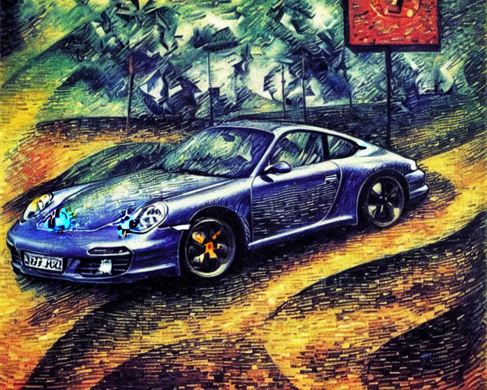 Prompt: a porsche 9 1 1 driving during a monsoon by umberto boccioni. detailed, proportional, romantic, enchanting, achingly beautiful, graphic print, trending on artstation, jungle, tropical, foliage