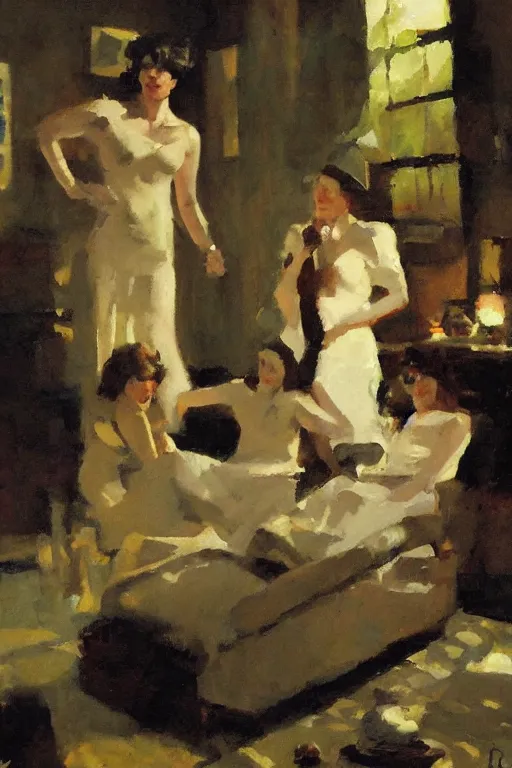 Image similar to your mother in a darkened room, painted by tom lovell frank schoonover dean cornwell mandy jurgens everett raymond kinstler