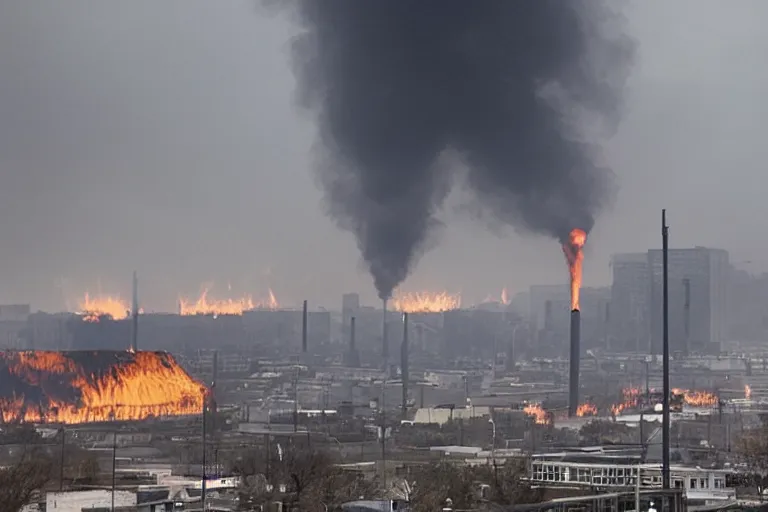 Image similar to a gloomy dystopian industrial complex belching smoke and fire