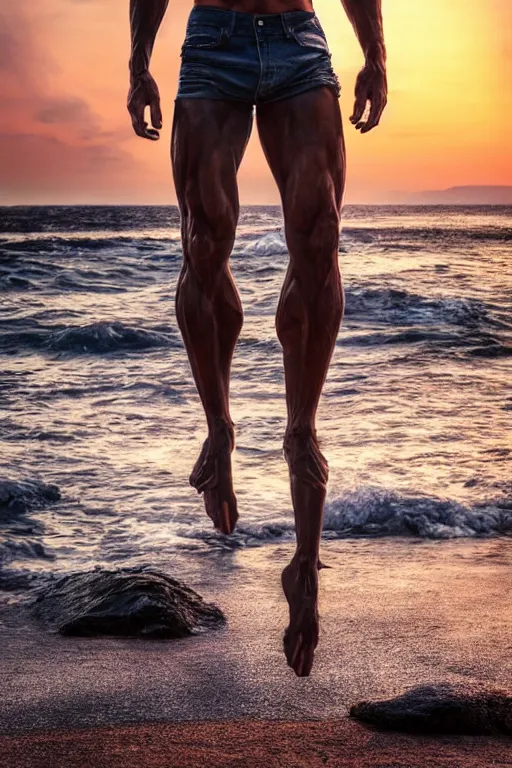 Image similar to a very muscular and defined man wearing ripped pants and shirt looking to the sea at sunset, godrays, complementary colors, natural lighting, portait image, path tracing, serene landscape, high quality, highly detailed, 8K, soft colors, warm colors, turbulent sea, high coherence, anatomically correct, hyperrealistic, concept art, defined face, five fingers, front view