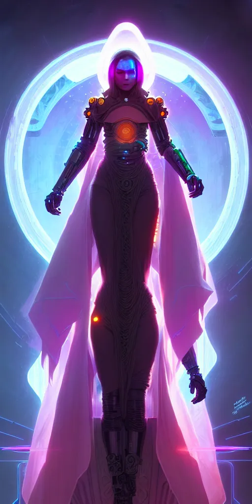 Image similar to ultra detailed female android deity, wearing a cloak, ethereal flowerpunk, scifi, fantasy, cyberpunk octane render, unreal engine, asymmetrical!!! intricate concept art, triadic color, art by artgerm and greg rutkowski and alphonse mucha, 8 k