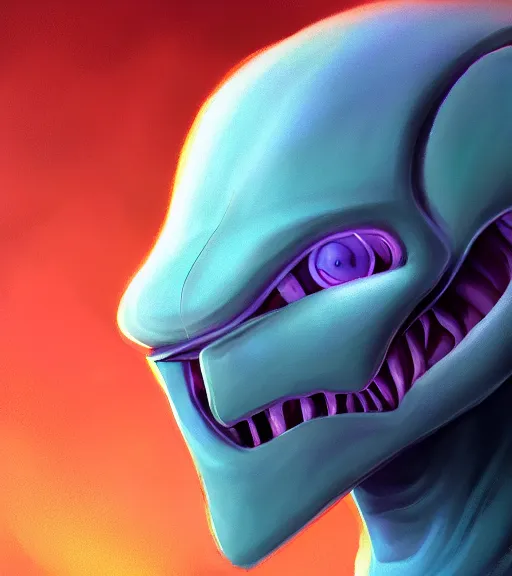 Image similar to character portrait art, ant alien, trending in artstation, purple color lighting