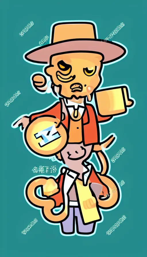 Image similar to kawaii anthropomorphic cowboy snake oil salesman, mascot logo for edible crypto stimulant SNAKEOIL