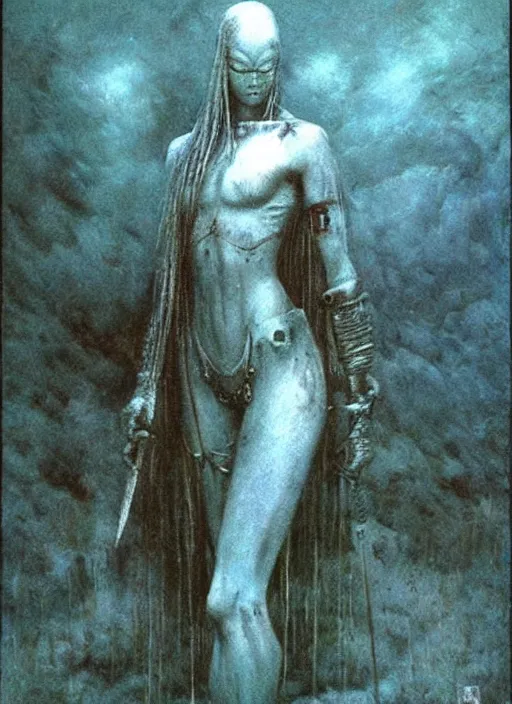 Prompt: warrior princess by Beksinski and Luis Royo