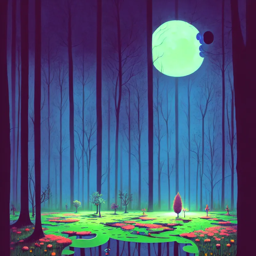 Prompt: ( ( ( gediminas pranckevicius ) ) ), a pond in the forest, moonlight, flower garden summer morning, very coherent and colorful high contrast art by simon stalenhag james gilleard floralpunk screen printing woodblock, dark shadows, pastel color, hard lighting