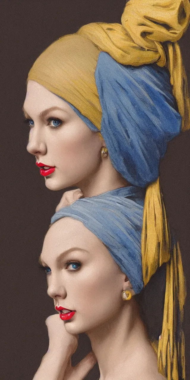 Image similar to Taylor Swift as the girl with the pearl earring, highly detailed, digital painting, artstation, concept art, smooth, sharp focus, illustration, ArtStation, art by artgerm and greg rutkowski and alphonse mucha and J. C. Leyendecker and Edmund Blair Leighton and Katsuhiro Otomo and Geof Darrow and Phil hale and Ashley wood and Ilya repin and Charlie Bowater