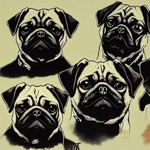 Prompt: self portrait showing family of pugs by yoji shinkawa, extra details, colored, 4 k, dynamic lighting