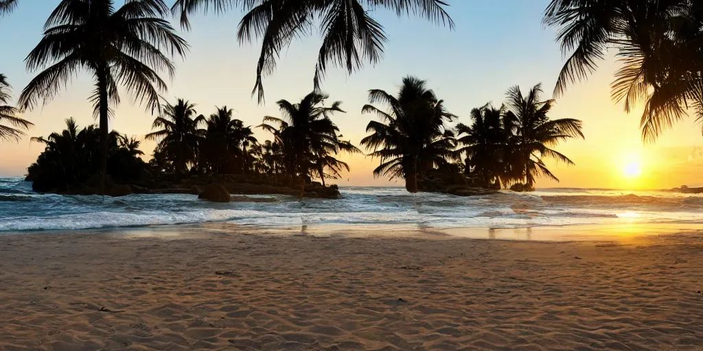 Prompt: highly detailed photograph of a palm covered office on a beach with waves crashing behind it at sunset