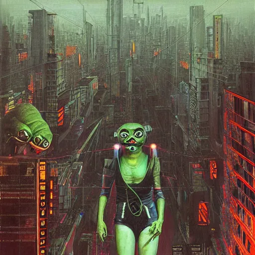 Image similar to a hyperrealistic painting of a cyberpunk city with pepe the frog cyborg with laser beam eye. walking through the night. robotic aliens, flying cars, cinematic horror by chris cunningham, richard corben, highly detailed, vivid color, beksinski painting, part by adrian ghenie and gerhard richter. art by takato yamamoto. masterpiece