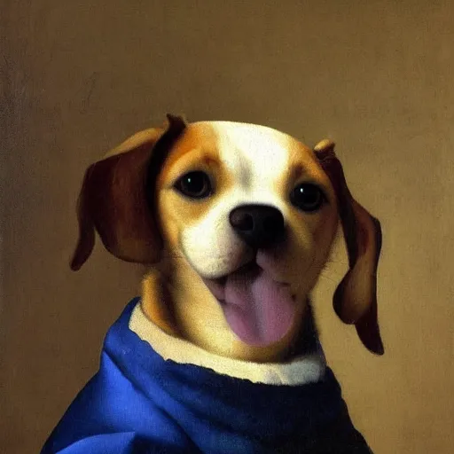 Prompt: an oil painting of a puppy, painted by Johannes Vermeer, 8k