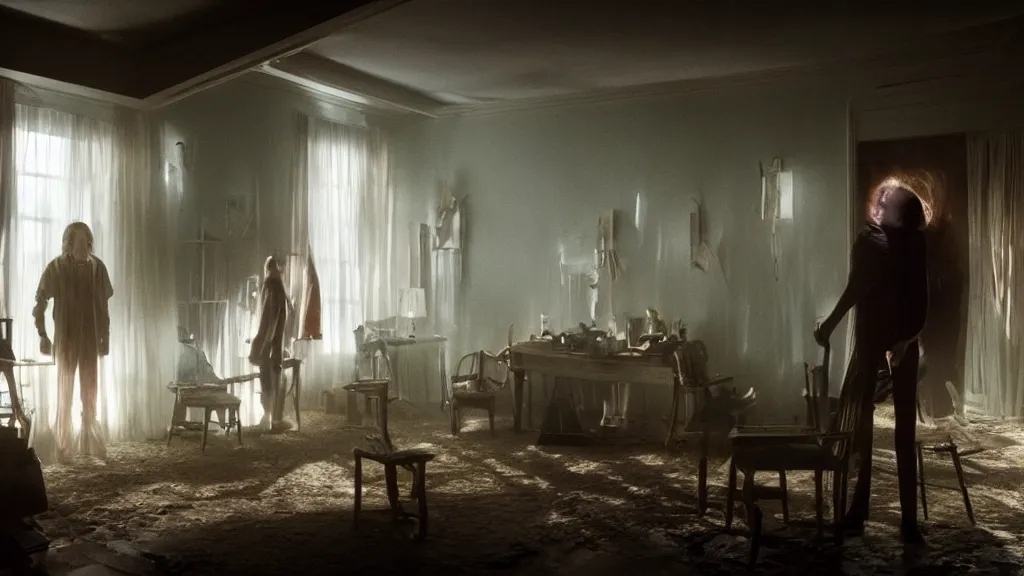 Image similar to the people inside the upside down house, film still from the movie directed by denis villeneuve and david cronenberg, with art direction by salvador dali, wide lens