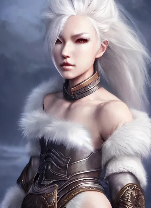 Image similar to warrior, fur leather armor!!! beautiful and elegant white hair female!! gorgeous ayes!! character concept art, sharp focus, octane render! unreal engine 5! highly rendered!! trending on artstation!! detailed linework!! illustration by artgerm, wlop, and chie yoshii