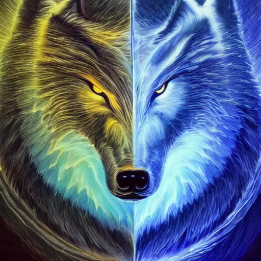 Prompt: spirit wolf made of electricity thunder storm by GEOGLYPHIKS by FABIÁN JIMÉNEZ by MICHAEL DIVINE by AMANDA SAGE in the style of oil painting visionary art, intricate oil painting artwork. , trending on artstation, very coherent symmetrical artwork, oil painting