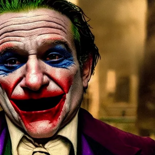 Image similar to stunning awe inspiring ( robin williams ) as the joker 8 k hdr movie still atmospheric lighting