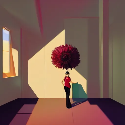 Image similar to portrait, giant flower as head, woman next to modern windows, luxury apartment, surreal photography, dramatic light, impressionist painting, digital painting, artstation, james gilleard