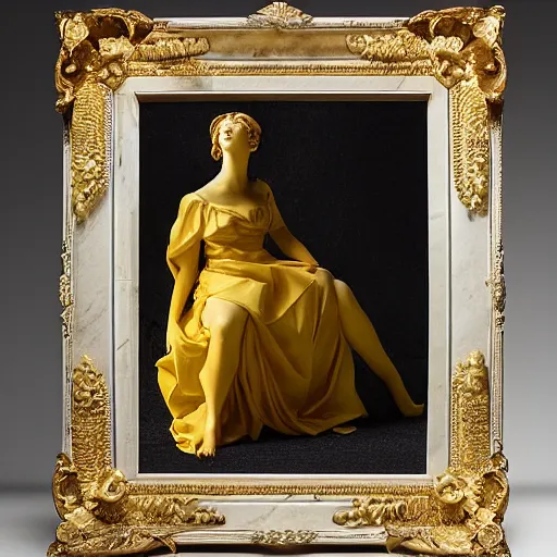 Prompt: a woman in a yellow dress is posing for a picture, a marble sculpture by nicholas hilliard, reddit contest winner, american barbizon school, elegant, studio portrait, full body