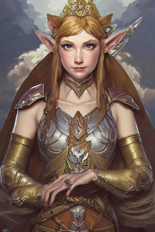 Image similar to portrait of Princess Zelda in armor, D&D, fantasy, intricate, elegant, highly detailed, digital painting, artstation, concept art, smooth, sharp focus, illustration, art by artgerm and greg rutkowski and alphonse mucha