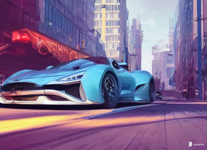 Image similar to a sport car in a city. sharp focus, cinematic pose, cinematic lighting, unreal engine render. art by josan gonzales and moebius and deathburger.