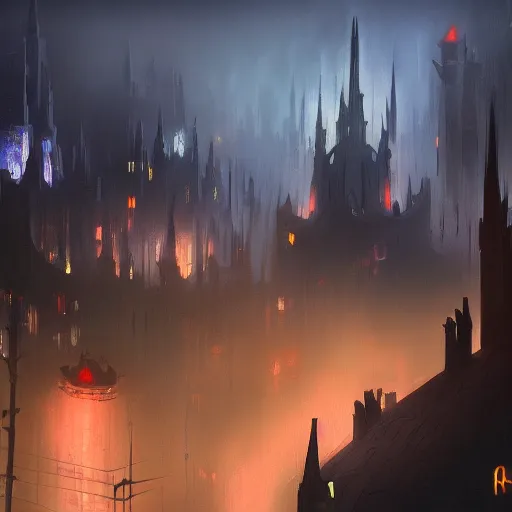 Image similar to fantasy dark vampire cityscape, painting, drone shot, lights in the dark, lanterns, fog, people in the streets, sharp roofs, city wall, smoke, dark fantasy, magic the gathering, fantastic artwork, 4 k, trending on artstation, by greg rutkovski, high fantasy, barren landscape