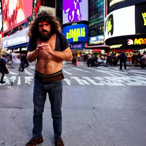 Image similar to a confused looking caveman in the middle of times square, high quality, high resolution