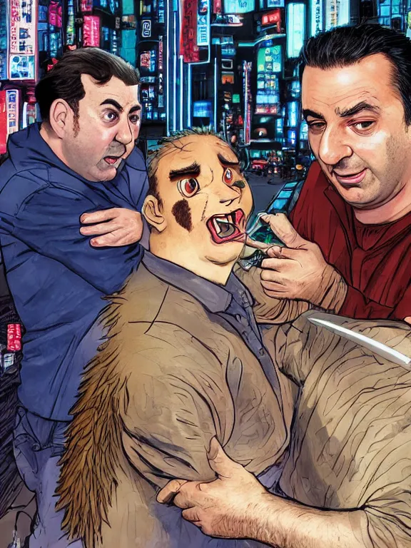 Image similar to rich evans defends mike stoklasa from a crackhead wookie in neo tokyo, hyperrealistic, 4 k, ultra detailed, intricate detail, photorealistic.