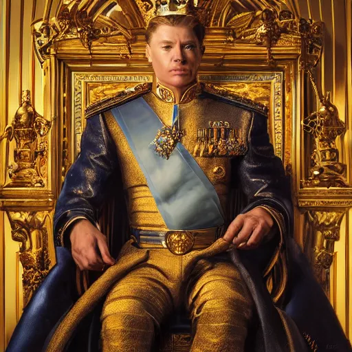 Image similar to A portrait of a king sitting on his throne, digital painting, artstation, concept art, donato giancola, Joseph Christian Leyendecker, WLOP, Boris Vallejo, Breathtaking, 8k resolution, extremely detailed, beautiful, establishing shot, artistic, hyperrealistic, beautiful face, octane render, cinematic lighting, dramatic lighting, masterpiece