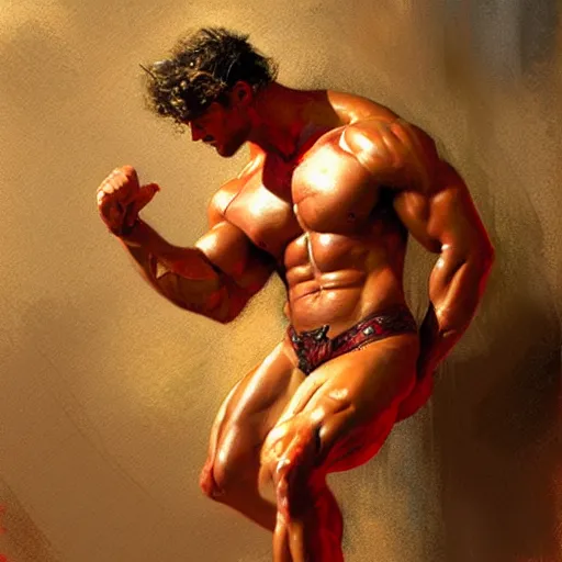 Image similar to greek god, muscular, red and gold, detailed face, thighs, painting by Gaston Bussiere, Craig Mullins