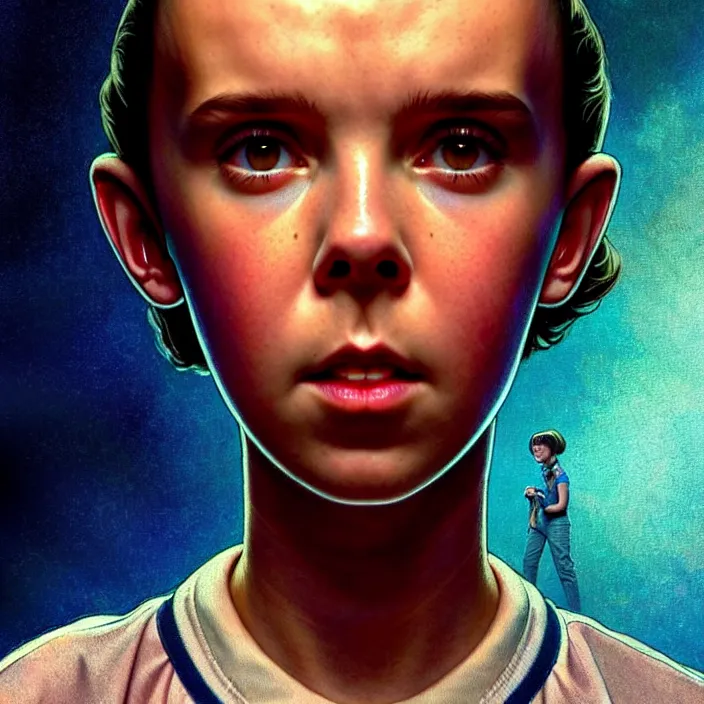 Image similar to Millie Bobbie Brown in Stranger Things as Eleven, diffuse lighting, fantasy, intricate, elegant, highly detailed, lifelike, photorealistic, digital painting, artstation, illustration, concept art, smooth, sharp focus, art by John Collier and Albert Aublet and Krenz Cushart and Artem Demura and Alphonse Mucha