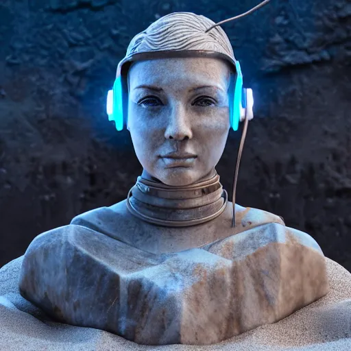 Image similar to the head of a marble cybernetic lady justice statue wearing a virtual reality headset on ground covered in sand, cyberpunk background, highly detailed, epic lighting, hyper photorealism, 8 k