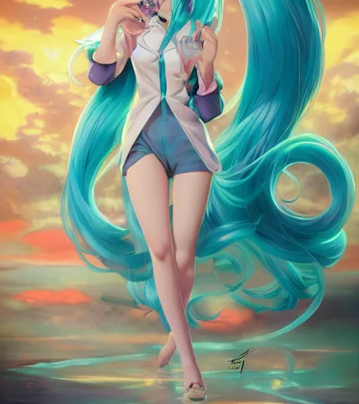 Image similar to anime art of beautiful Hatsune miku with beautifel legs by artgerm, rossdraws, magali villeneuve, Gil Elvgren, Alberto Vargas, Earl Moran,, Art Frahm, Enoch Bolles