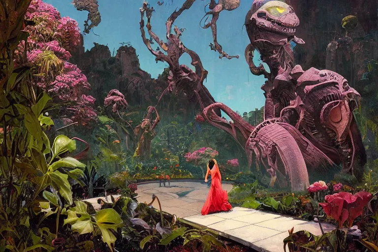 Image similar to pulp scifi illustration, elegant woman meets lizard alien in beautiful garden, flowers, baobab trees, distant town in valley and hills, spacehip lands, by norman rockwell, jack kirby, john berkey, bergey, craig mullins, ruan jia, raymond swanland, jeremy mann, beksinski, tom lovell, alex malveda, schomburg