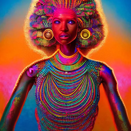 Image similar to highly detailed portrait of an african egyptian goddess with a colorful afro, intricate alien technolog, bright colors, synthwave, watercolor, volumetric wool felting, felt, macro photography, children illustration, global illumination, radiant light, detailed and intricate environment, by goro fujita