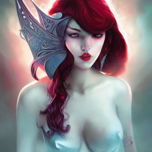 Image similar to princess of darkness, style of moebius, artgerm, james jean, piercing eyes, long glowing red hair, cinematic, highly detailed, award winning