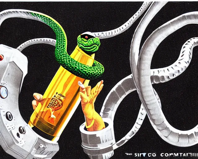 Prompt: hypothetical'sip tech'logo for a snake based computer drink, high concept, ridiculous, art by computer and frank frazetta, theme song by frank zappa and rene magritte