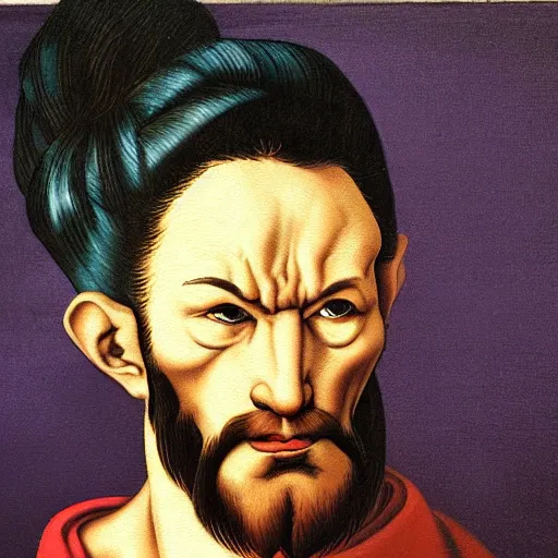 Image similar to portrait painting of angry Michelangelo di Lodovico with topknot in the style of japanese cartoon