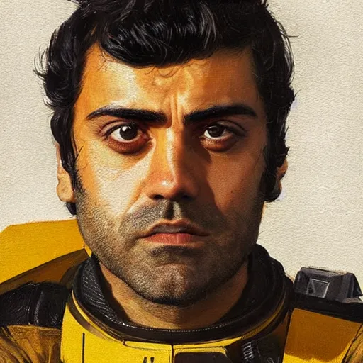 Image similar to portrait of a man by greg rutkowski, he looks like oscar isaac, star wars expanded universe, he is about 3 0 years old, wearing yellow and black starfighter pilot uniform from the galactic triunvirate.