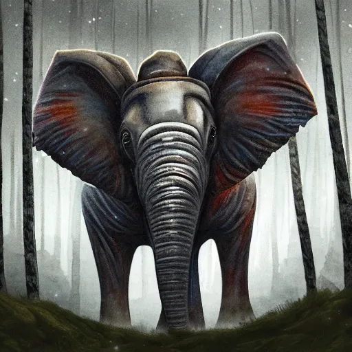 Prompt: digital illustration, fantasy, massive spirit elephant with arrows sticking out of its back, hunting, glowing eyes, pine forest, winter, dark, atmospheric, moody, cinematic lighting, watercolors, deep color, nature documentary, David Attenborough, trending on artstation, intricate detail, hires