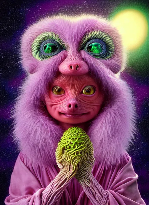 Image similar to hyper detailed 3d render like a Oil painting - kawaii portrait Aurora (a skeksi from dark crystal) seen Eating of the Strangling network of yellowcake aerochrome and milky Fruit and His delicate Hands hold of gossamer polyp blossoms bring iridescent fungal flowers whose spores black the foolish stars by Jacek Yerka, Ilya Kuvshinov, Mariusz Lewandowski, Houdini algorithmic generative render, Abstract brush strokes, Masterpiece, Edward Hopper and James Gilleard, Zdzislaw Beksinski, Mark Ryden, Wolfgang Lettl, hints of Yayoi Kasuma, octane render, 8k