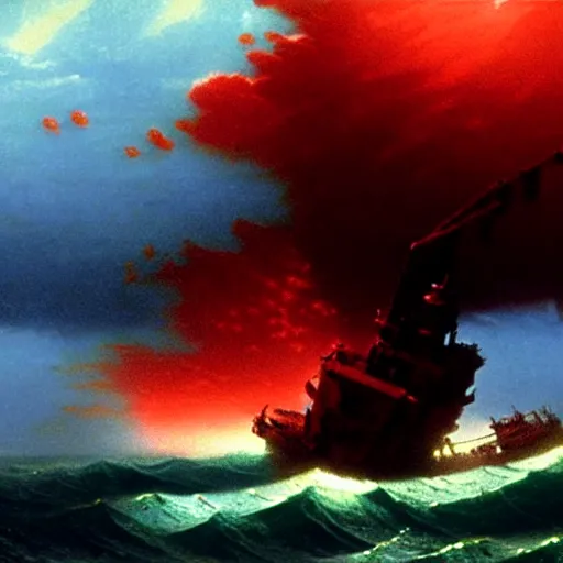 Image similar to bloody ocean, rusted iron ship sinking in red blood ocean, by hideaki anno, Ivan Aivazovsky, junji ito, hd 8k,